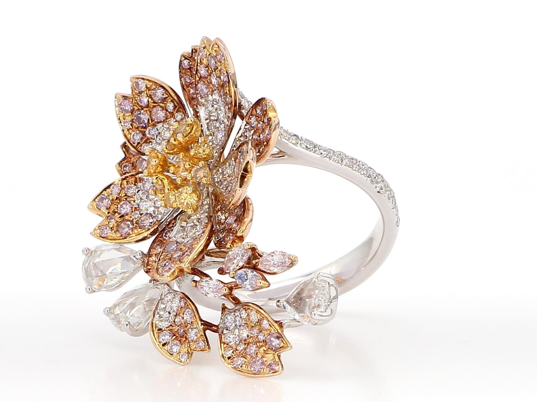 2.67 Carat Pink and Yellow Diamonds, Cocktail Ring, Floral Motif, 18K Rose Gold. For Sale 2