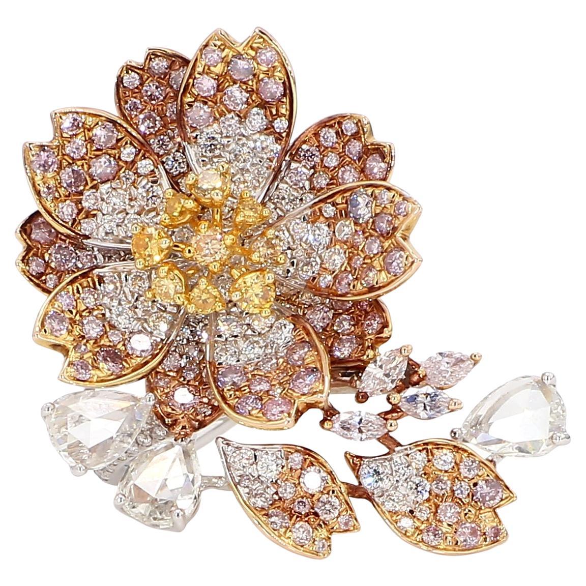 2.67 Carat Pink and Yellow Diamonds, Cocktail Ring, Floral Motif, 18K Rose Gold. For Sale