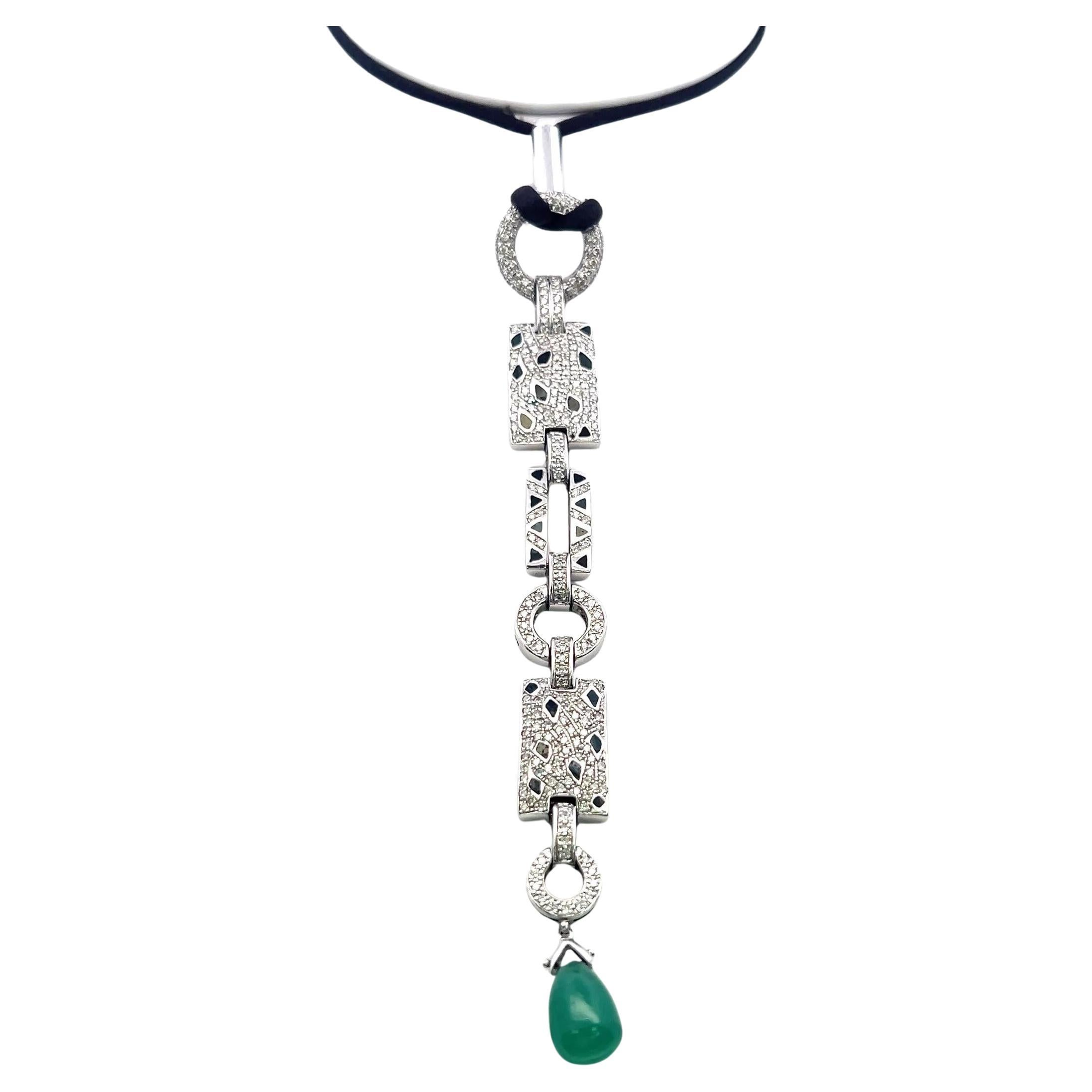 2.67 Carat Round Brilliant Diamond 12.4-8.6MM Emerald 18K WG Drop Necklace