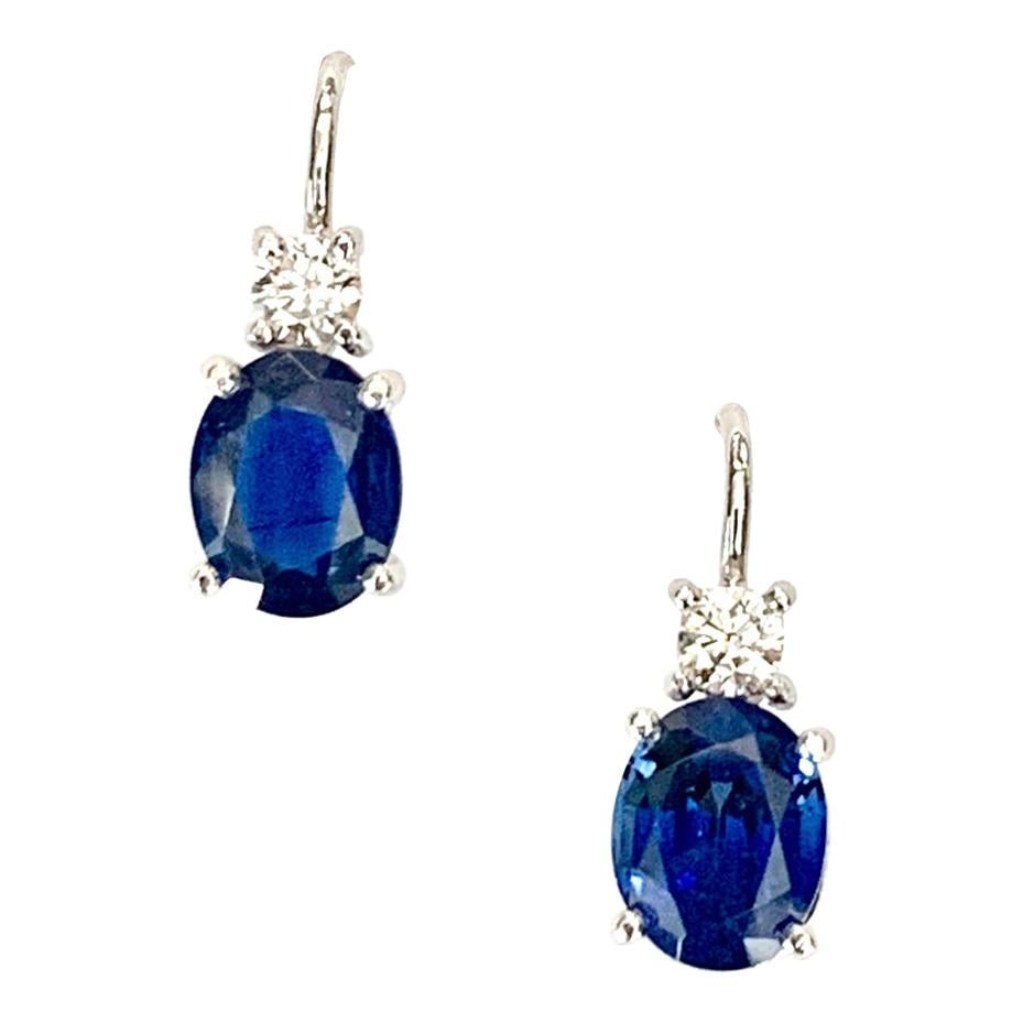 2.67 Carat Total Sapphire Oval Diamond White Gold Wire Drop Leverback Earrings