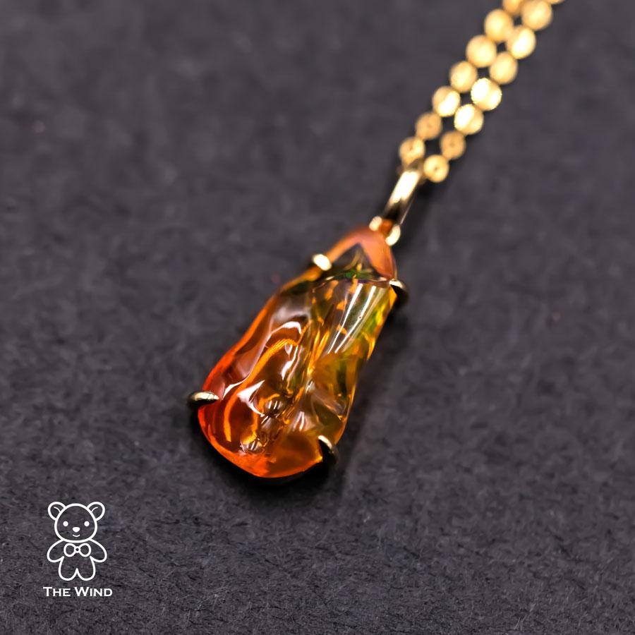 Artist 2.67 ct Mexican Fire Opal Pendant Necklace 18K Yellow Gold For Sale