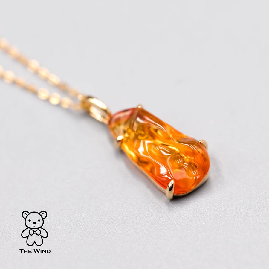 Brilliant Cut 2.67 ct Mexican Fire Opal Pendant Necklace 18K Yellow Gold For Sale