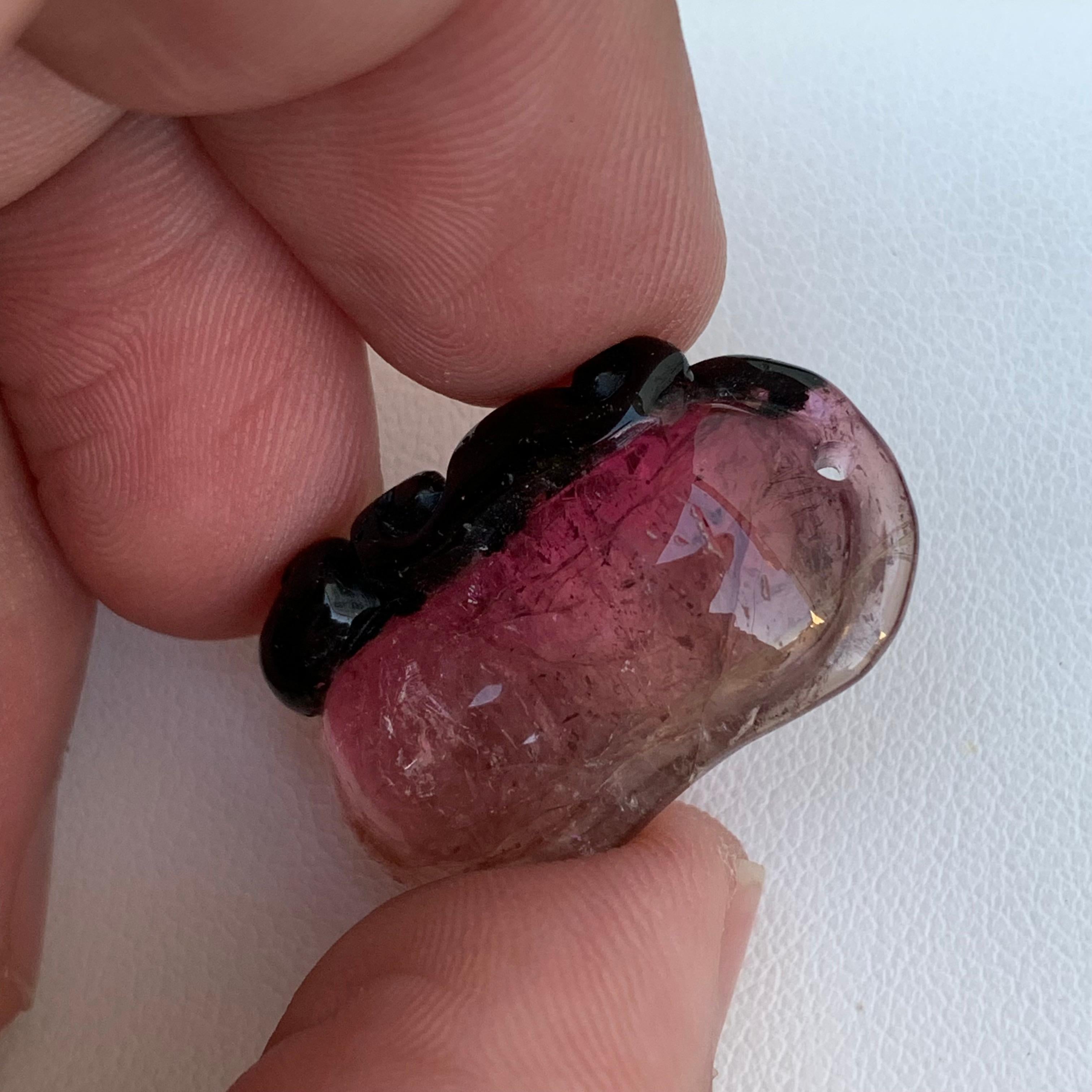 Adam Style 26.70 Carat Fruit Shape Bi Colour Tourmaline Drilled Carving From Africa For Sale
