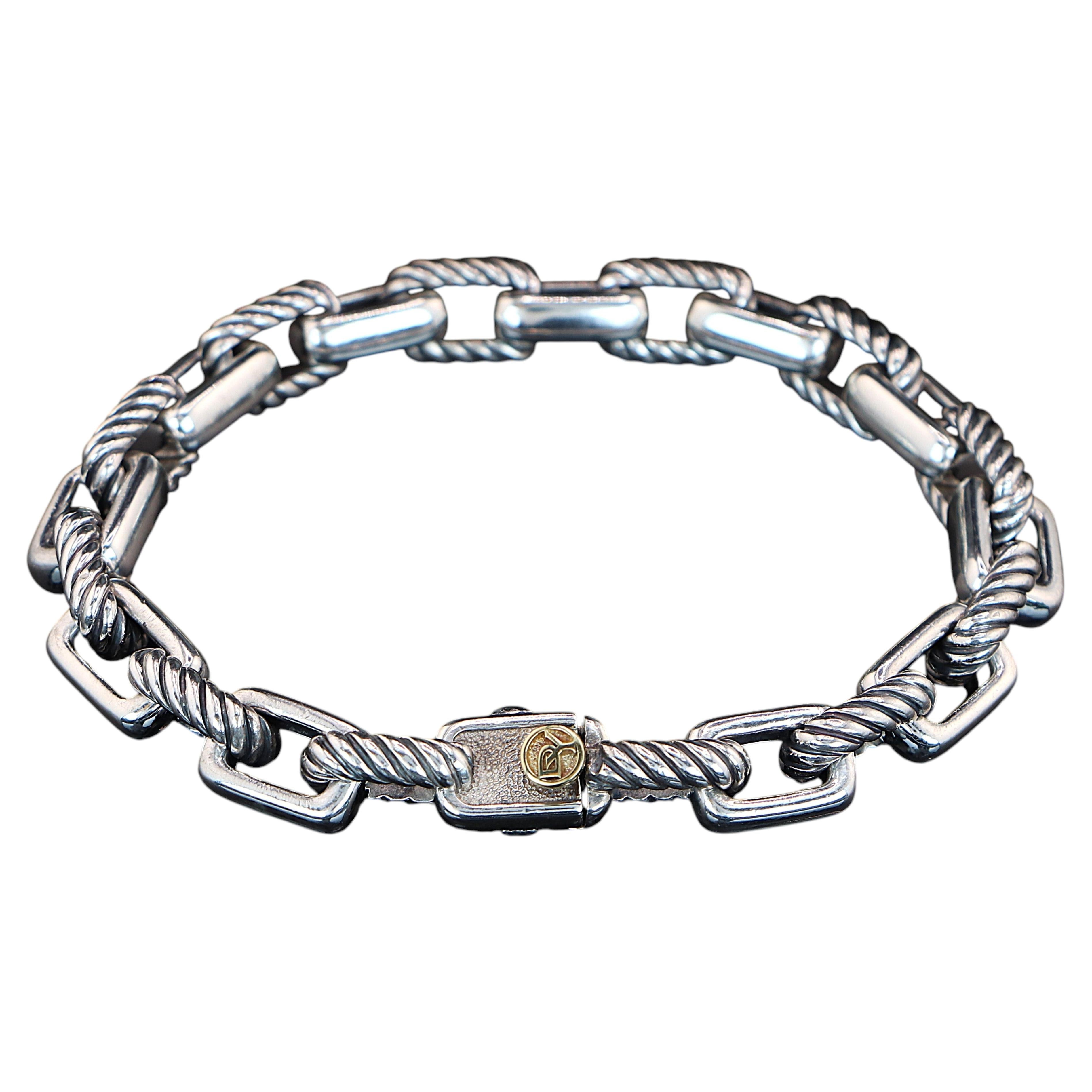 26715 David Yurman 18k Yellow Gold Silver Square Cable Link Rope Bracelet Men's For Sale