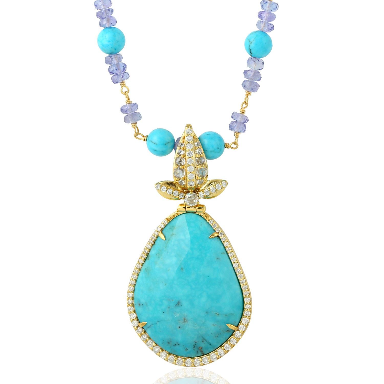 Artisan 26.72 Carat Turquoise Tanzanite Diamond 14 Karat Gold Necklace For Sale