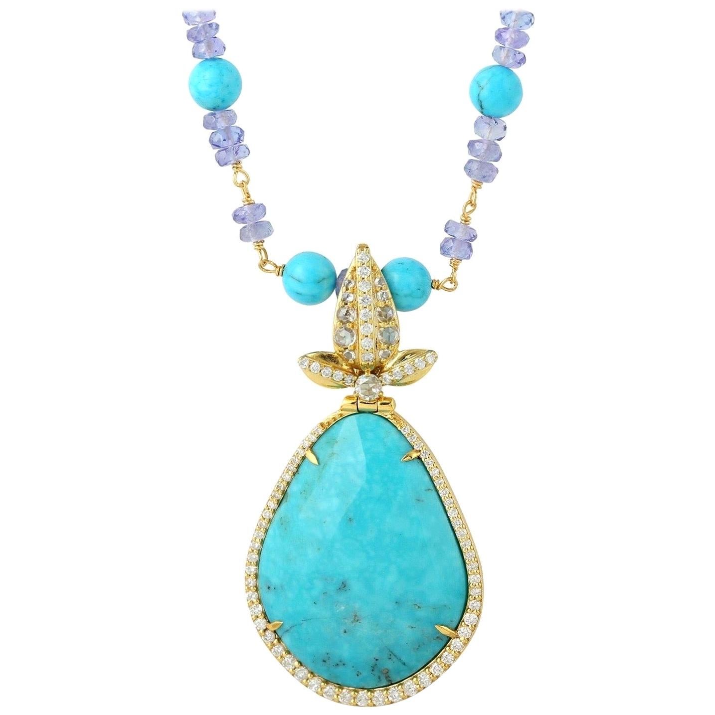 26.72 Carat Turquoise Tanzanite Diamond 14 Karat Gold Necklace For Sale