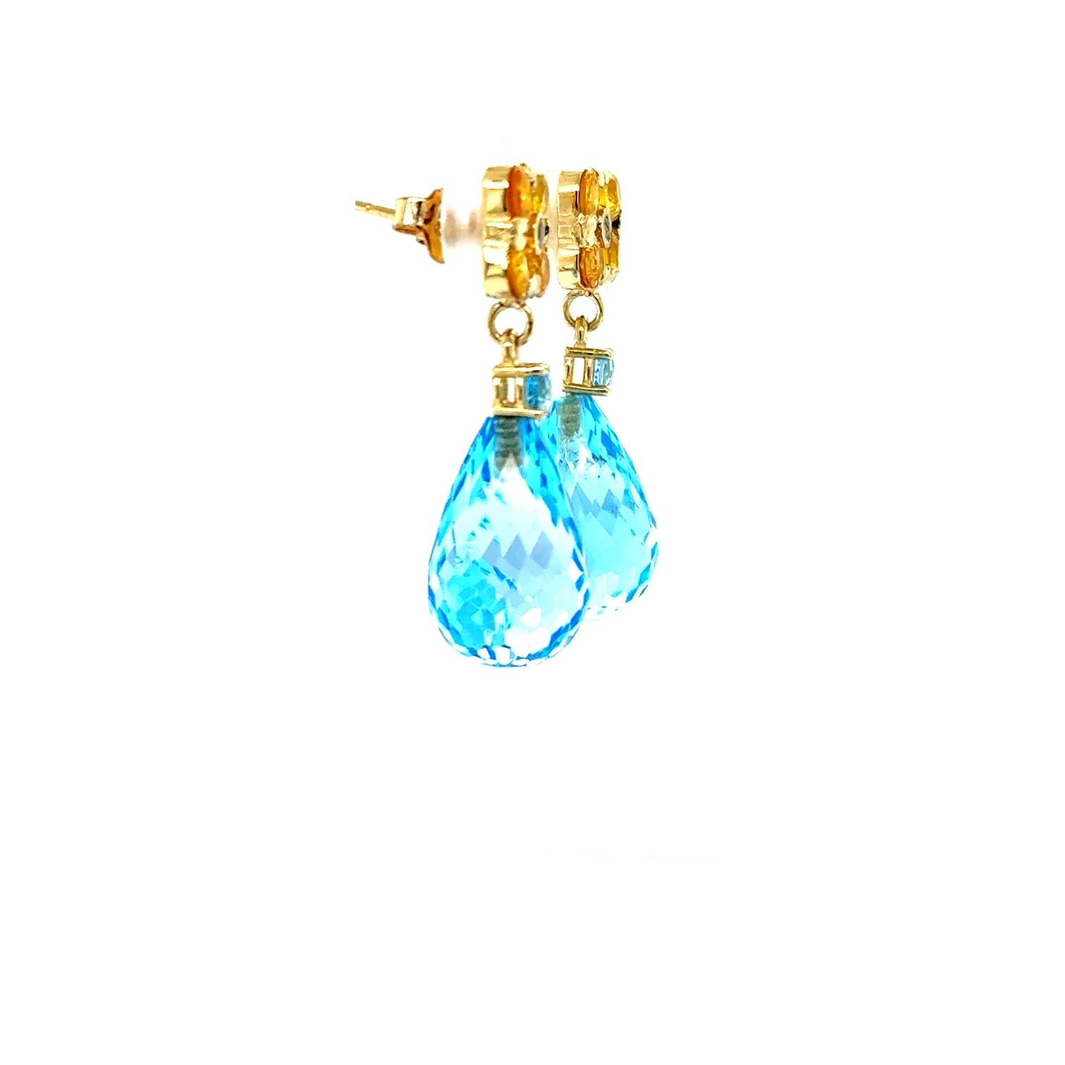 Contemporary 26.73 Carat Blue Topaz Yellow Sapphire Yellow Gold Drop Earrings For Sale