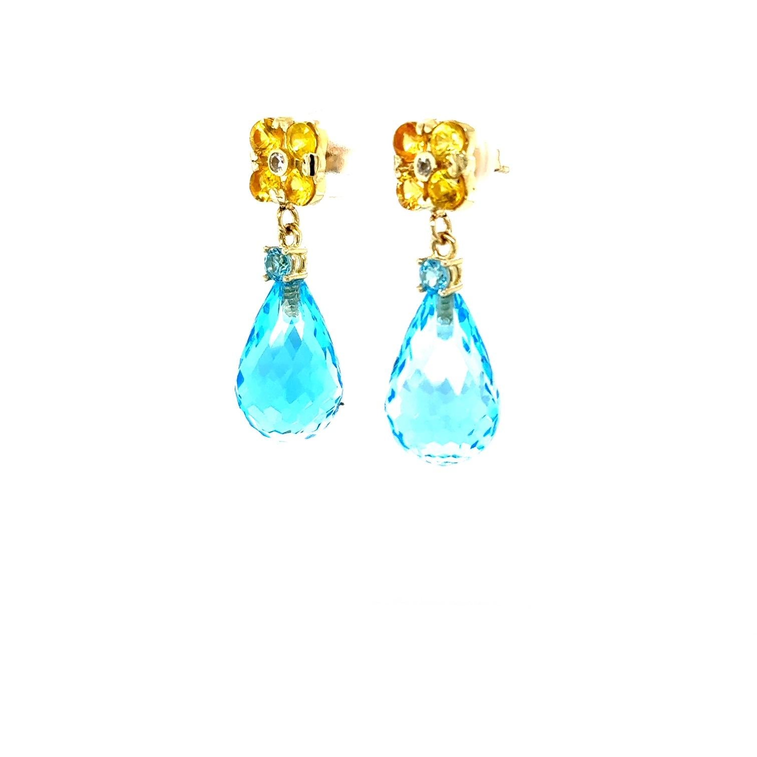 Briolette Cut 26.73 Carat Blue Topaz Yellow Sapphire Yellow Gold Drop Earrings For Sale