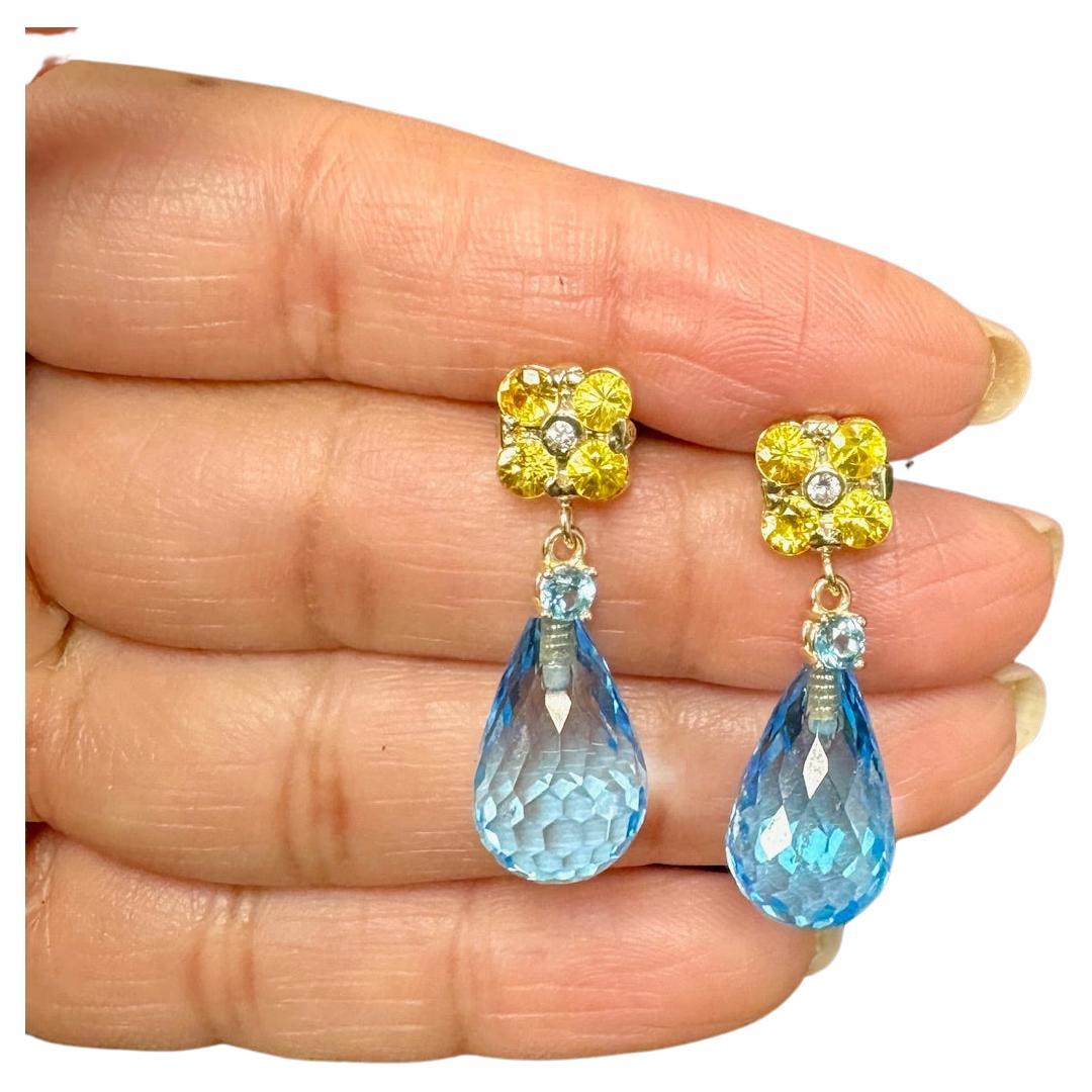 26.73 Carat Blue Topaz Yellow Sapphire Yellow Gold Drop Earrings In New Condition For Sale In Los Angeles, CA