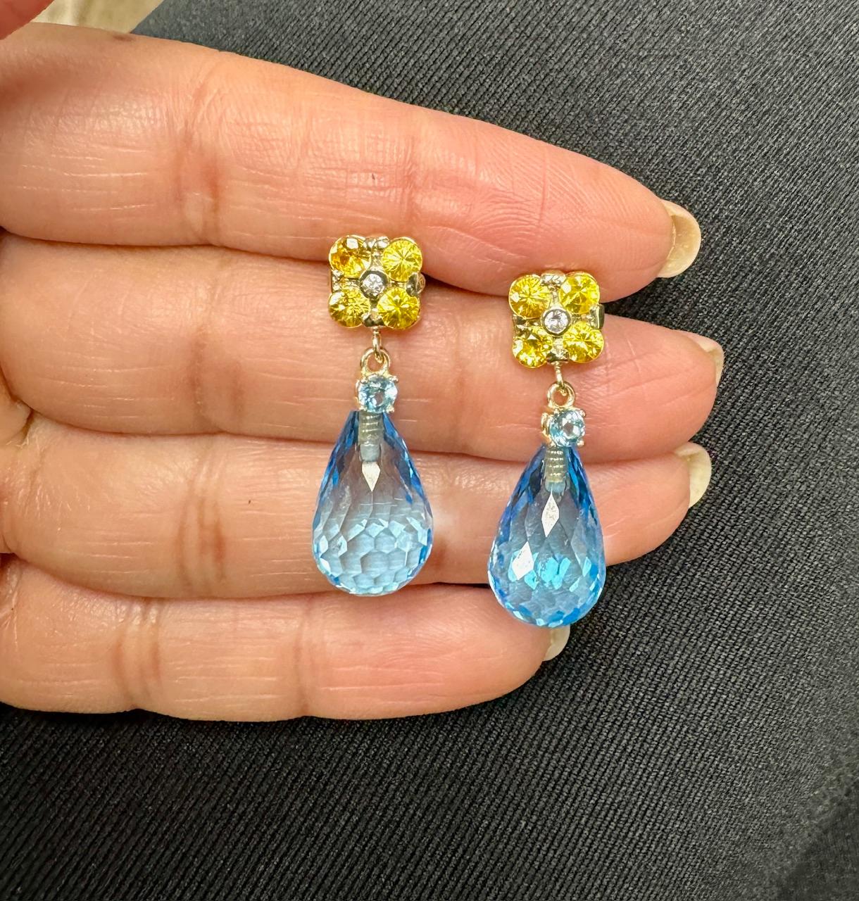 26.73 Carat Blue Topaz Yellow Sapphire Yellow Gold Drop Earrings For Sale 1