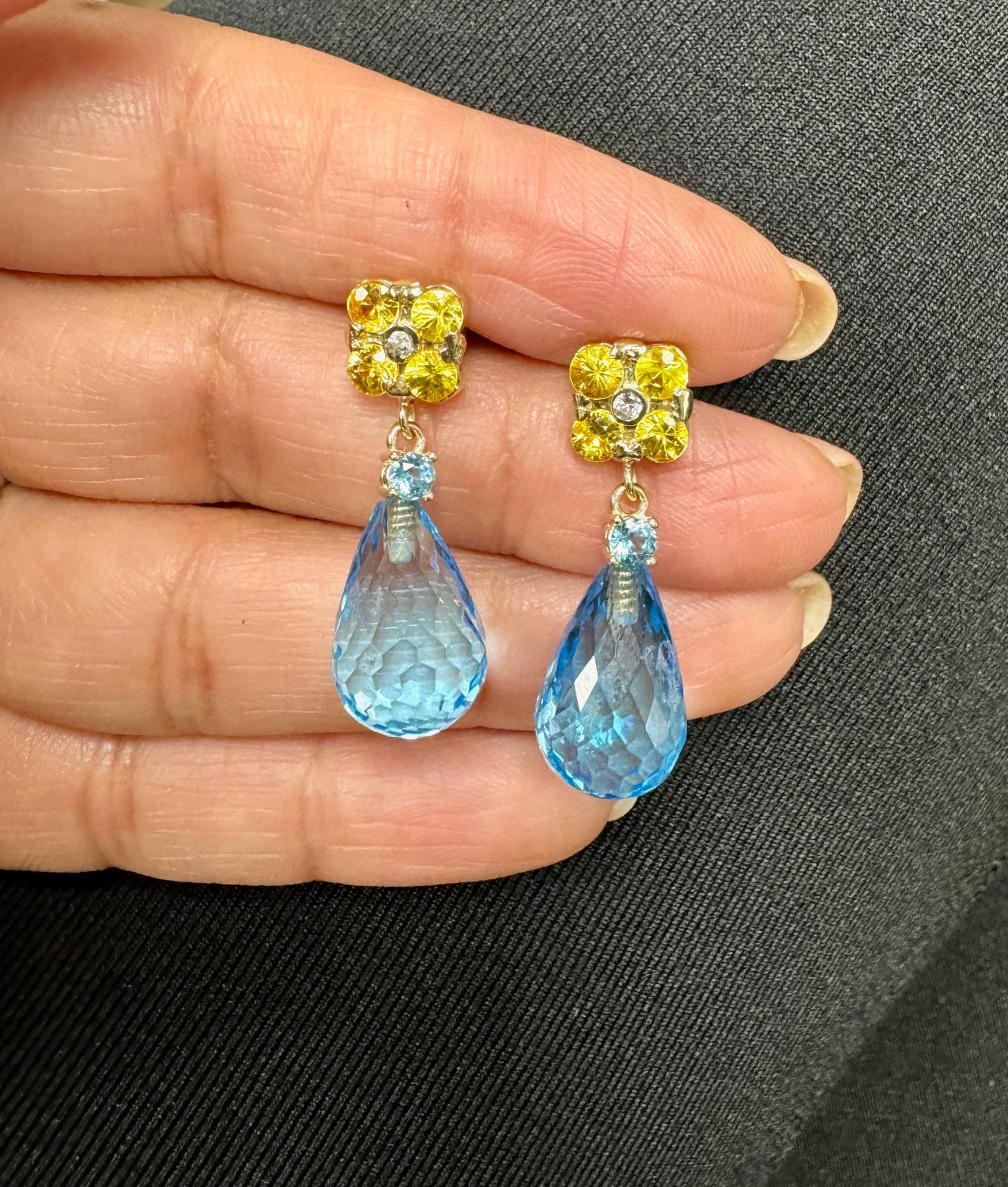 26.73 Carat Blue Topaz Yellow Sapphire Yellow Gold Drop Earrings For Sale 2