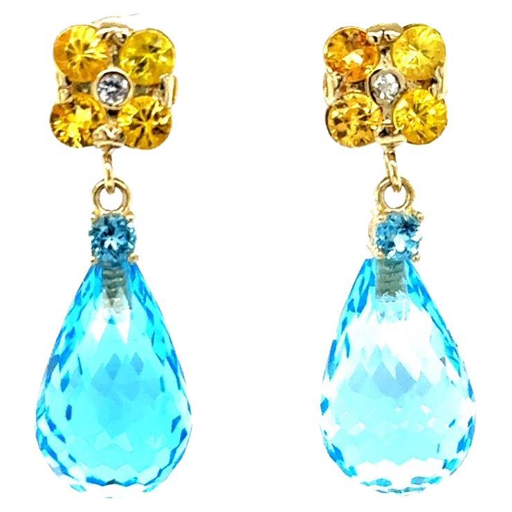 26.73 Carat Blue Topaz Yellow Sapphire Yellow Gold Drop Earrings For Sale