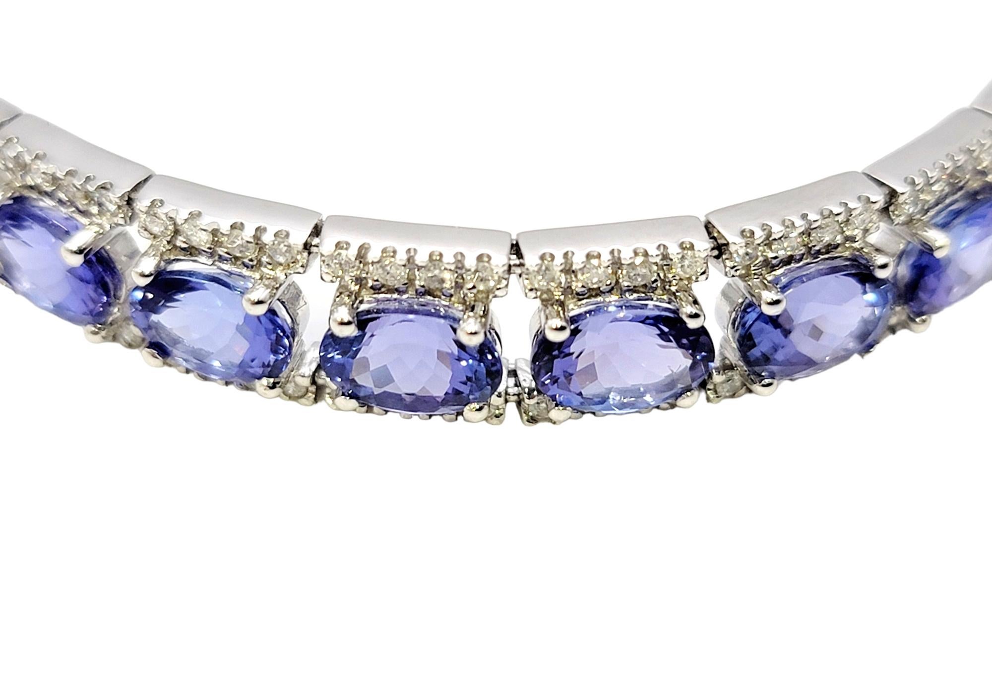 Contemporary 26.75 Carat Total Oval Tanzanite and Pave Diamond Line Bracelet in White Gold For Sale