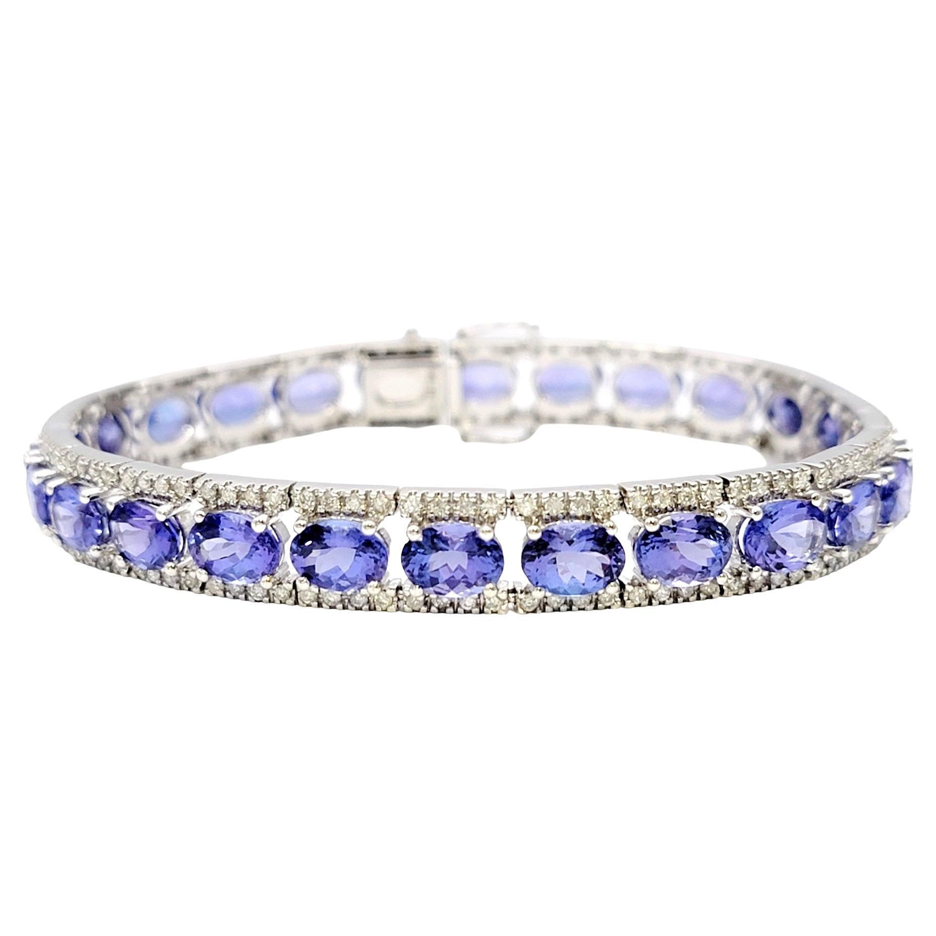 26.75 Carat Total Oval Tanzanite and Pave Diamond Line Bracelet in White Gold For Sale