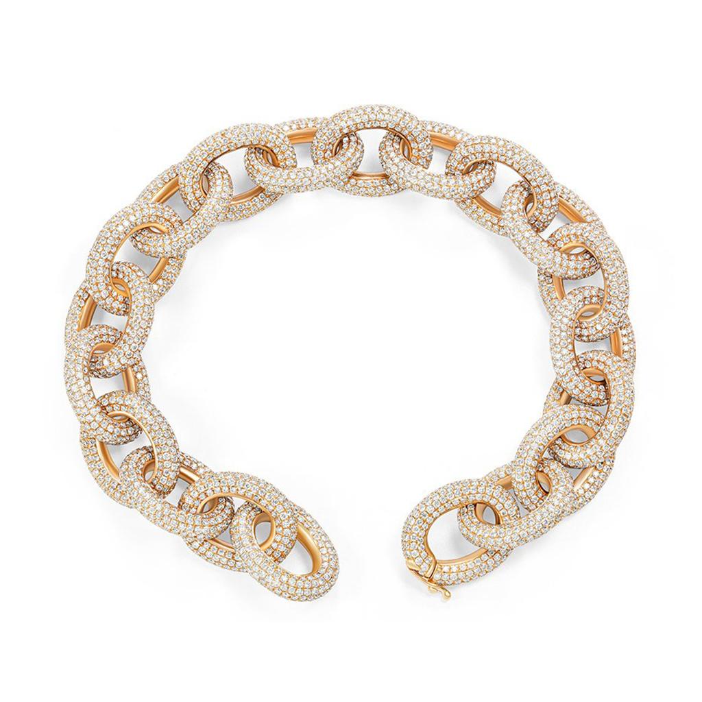This stunning gold link bracelet is set with 26.75 carat total weight of pavè diamonds. A true statement piece with large sized 18 karat rose gold links which scintillate and sparkle.
