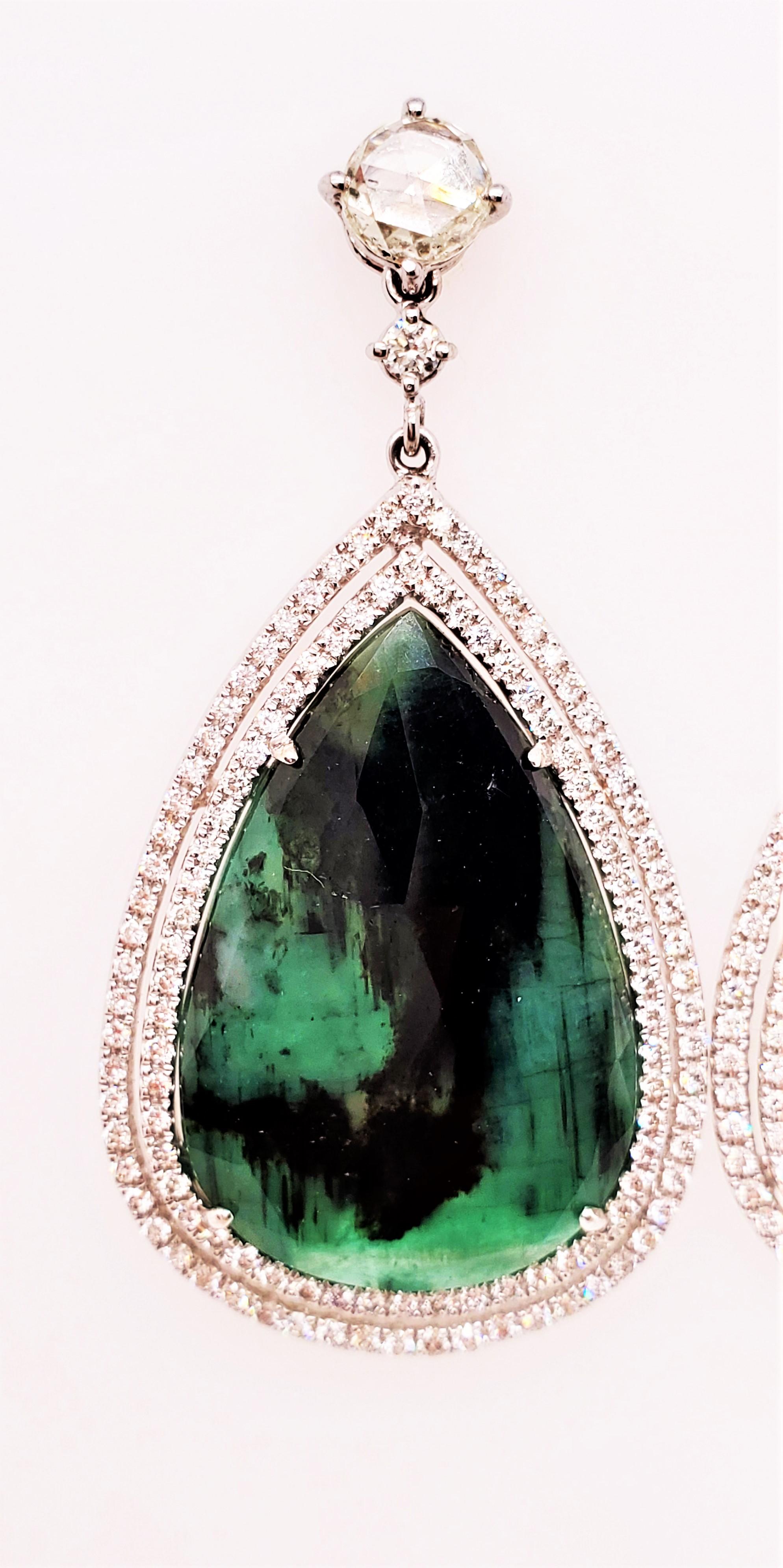Modern 26.76 Carat Pear Shape Natural Emerald and Diamond White Gold Dangle Earrings
