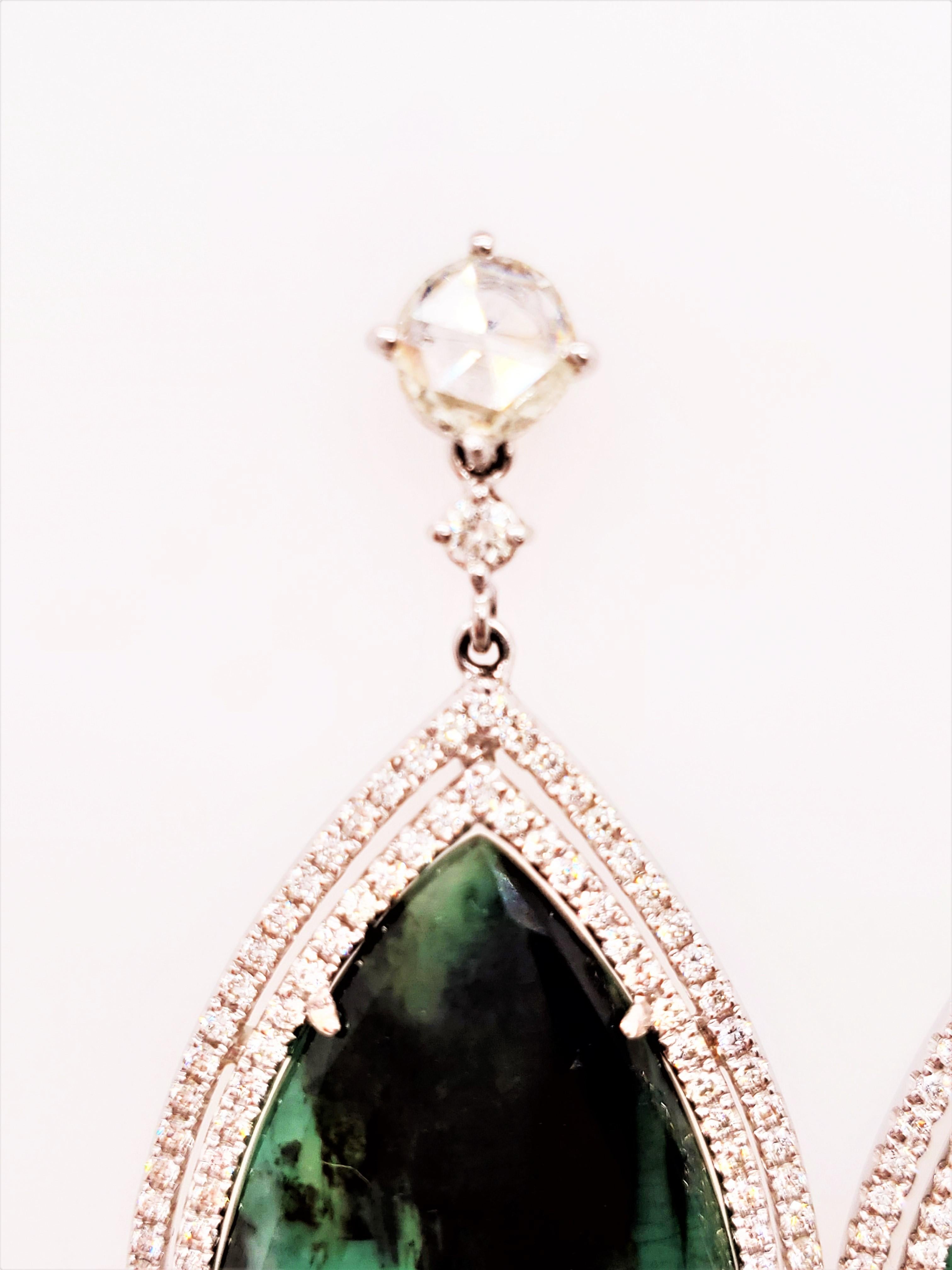 Pear Cut 26.76 Carat Pear Shape Natural Emerald and Diamond White Gold Dangle Earrings