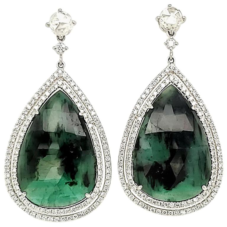 26.76 Carat Pear Shape Natural Emerald and Diamond White Gold Dangle Earrings