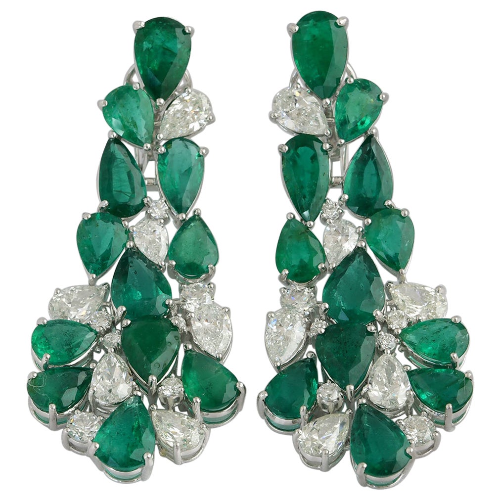 26.76 Ct Pear Cut Emerald & Diamond Drop Earrings  18k White Gold Fine jewelry