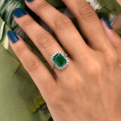 2.67Ct Emerald Cut Zambian Emerald Diamond Halo Wedding Ring 14 Karat White Gold