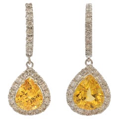 2.67ct Pear Cut Teardrop Yellow Sapphire Diamond Drop Earrings in 18K White Gold