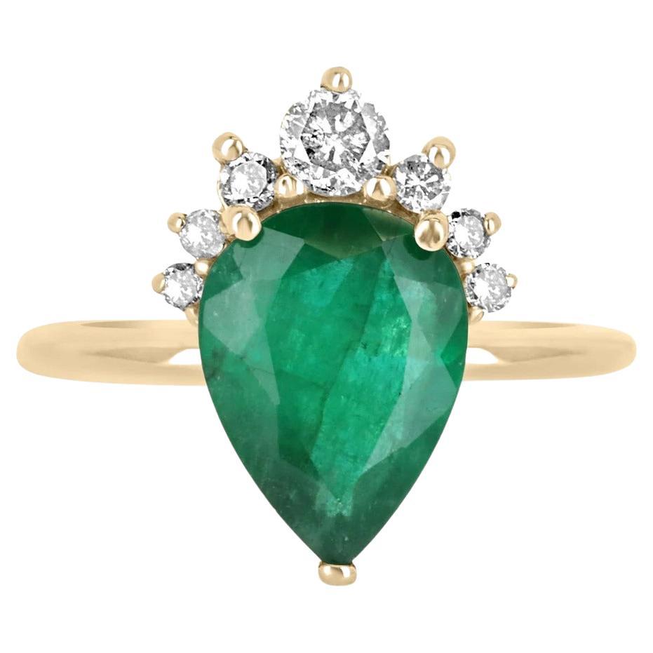 2.67tcw 14K Natural Emerald Pear Cut & Diamond Tiara Engagement Ring For Sale