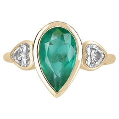 2.67tcw 14K Three Stone Emerald-Pear Cut & Heart Cut Diamond Gypsy Gold Ring
