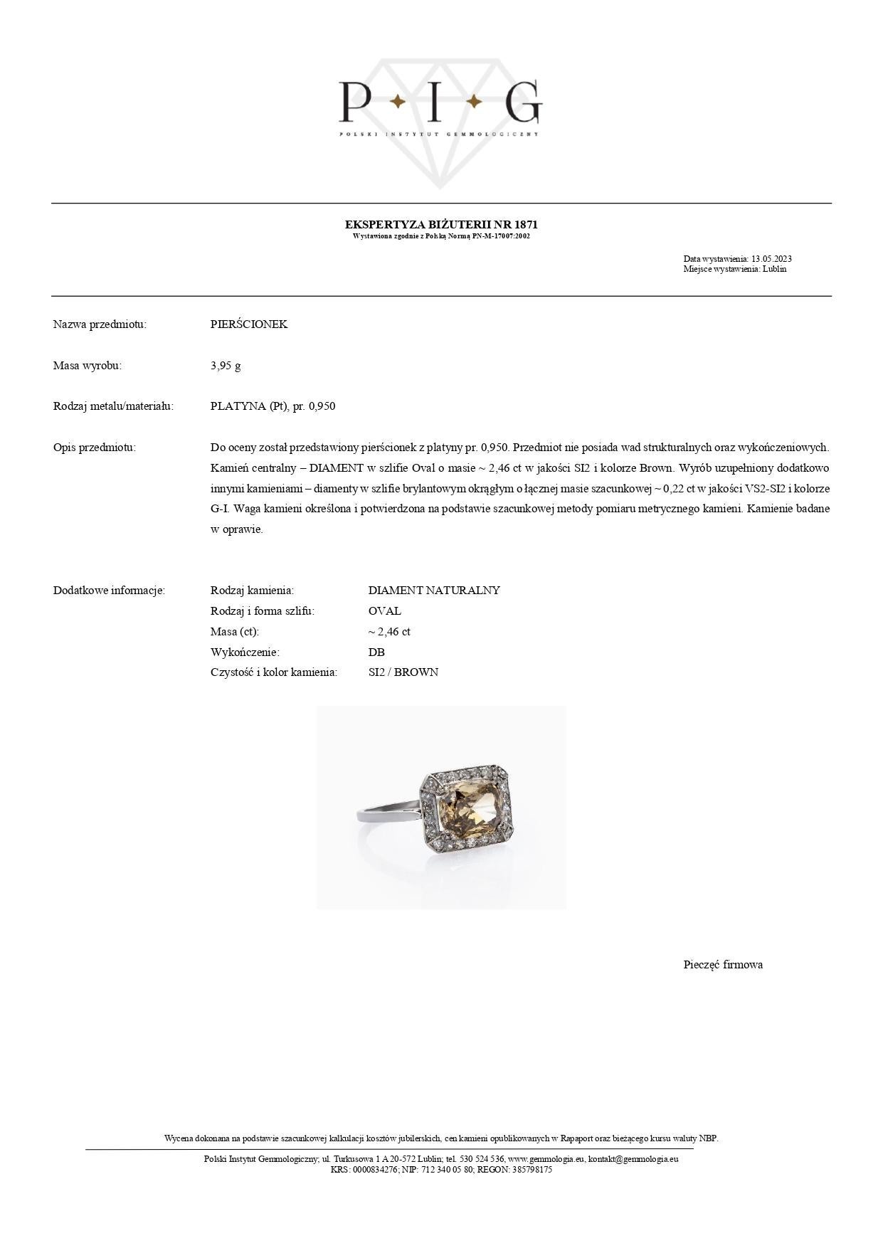 Taille ovale Bague en platine 950 avec diamant brun de 2,68 carats en vente