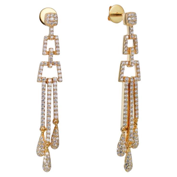 2.68 Carat Cubic Zirconia Yellow Gold Art Deco Style Chandelier Drop Earrings In New Condition For Sale In London, GB