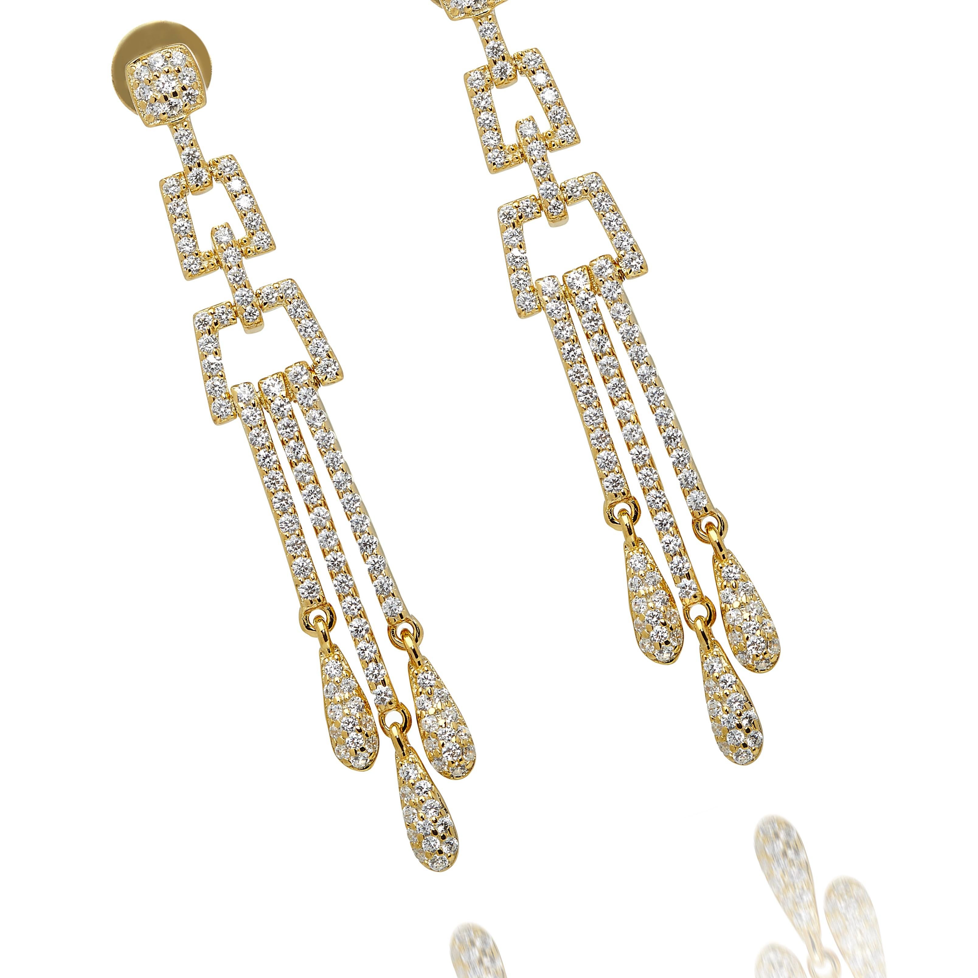 Women's 2.68 Carat Cubic Zirconia Yellow Gold Art Deco Style Chandelier Drop Earrings For Sale