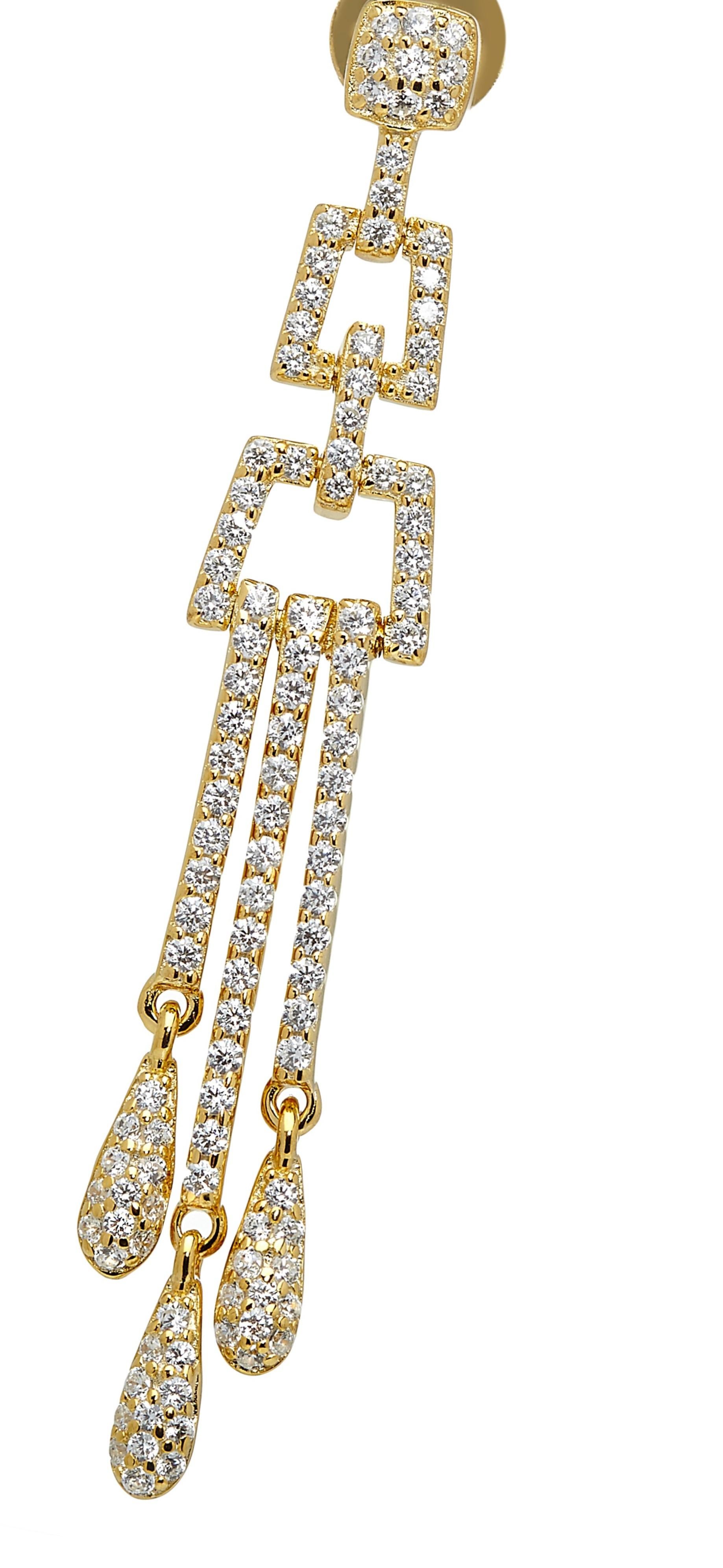 2.68 Carat Cubic Zirconia Yellow Gold Art Deco Style Chandelier Drop Earrings For Sale 1