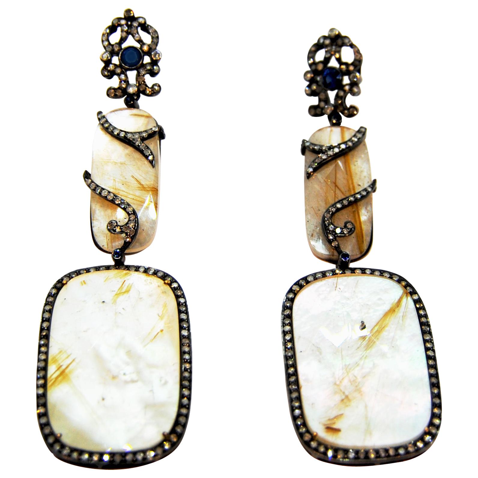 2.68 Carat Diamond White Rutile Dangle Earrings in 18 Karat Gold and Silver