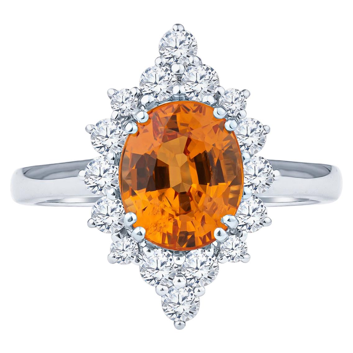 2.68 Carat Fine Orange Spessartine Oval Gem Quality Garnet and Diamond Halo Ring For Sale