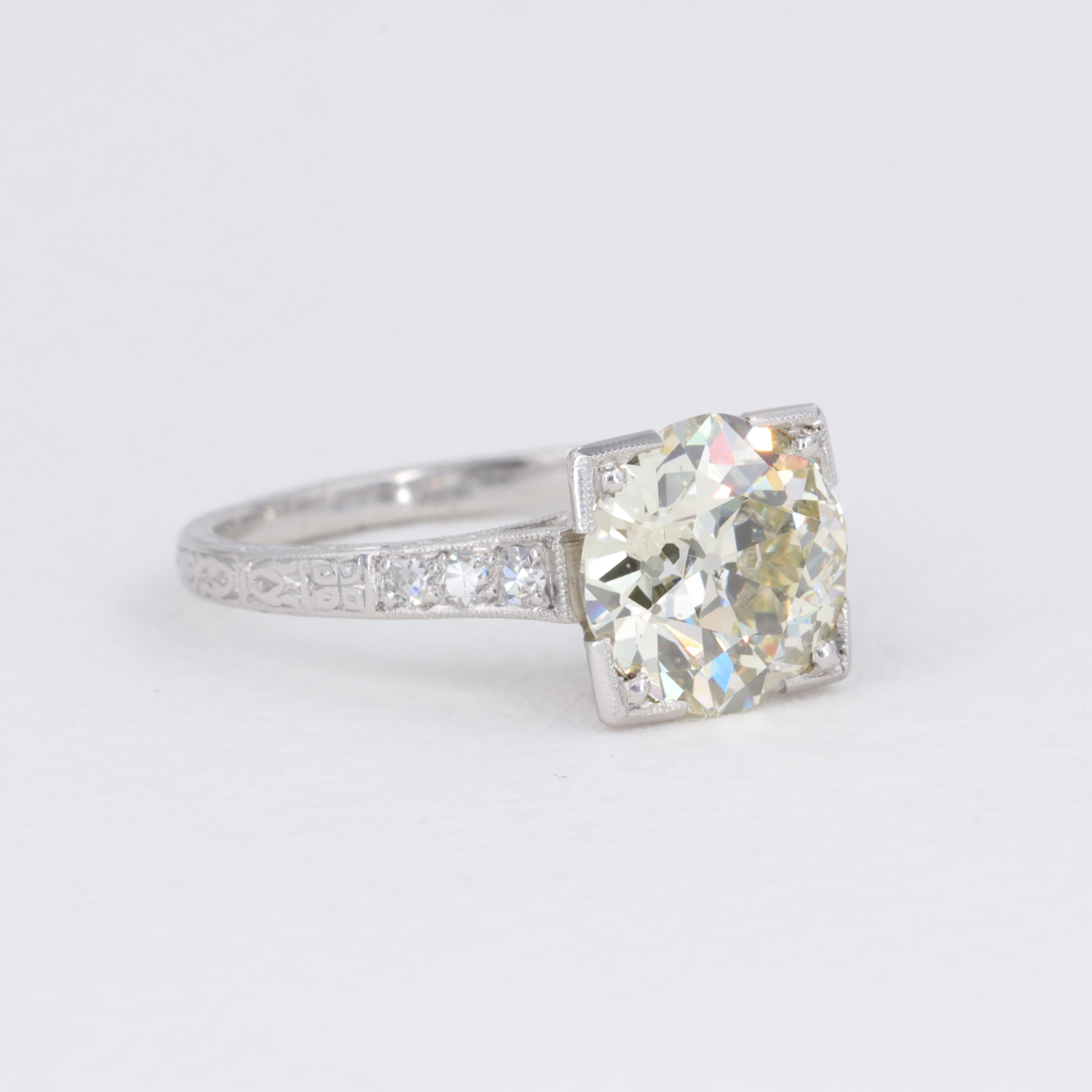 2.68 Carat GIA Old European Cut Diamond Platinum Deco Engagement Ring In Good Condition For Sale In Tampa, FL