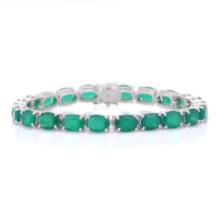 Art Deco 26.8 Carat Green Onyx Gemstone Tennis Bracelet Gift for Her in Sterling Silver For Sale