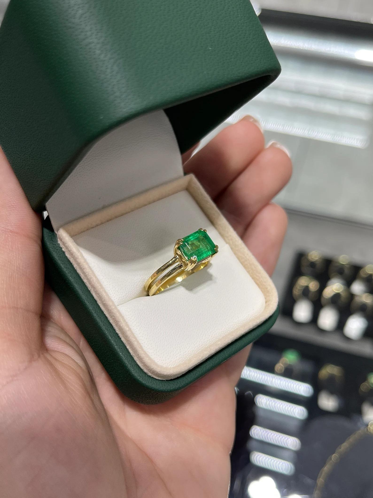 Emerald Cut 2.68 Carat Natural Emerald Medium Green Double Split Shank Ring Gold 18K For Sale