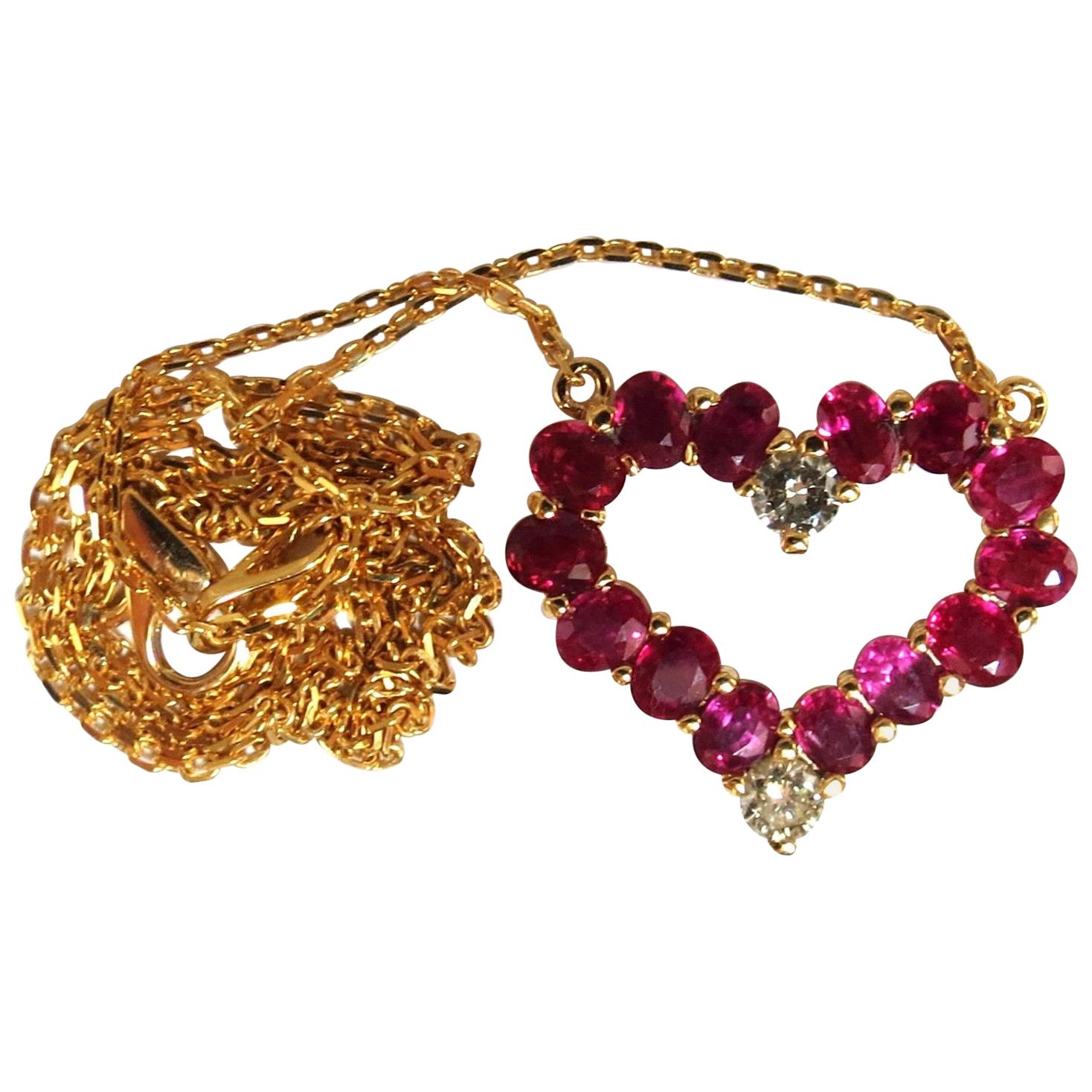2.68 Carat Natural Ruby Diamonds Heart Necklace 14 Karat Vivid Reds