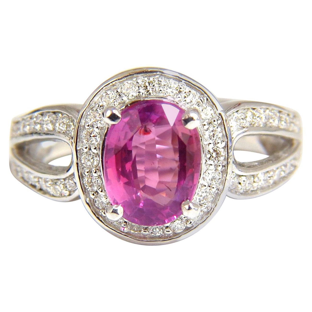 2.68 Carat Natural Vivid Pink Sapphire Diamonds Ring 18 Karat Split Shank Mod*