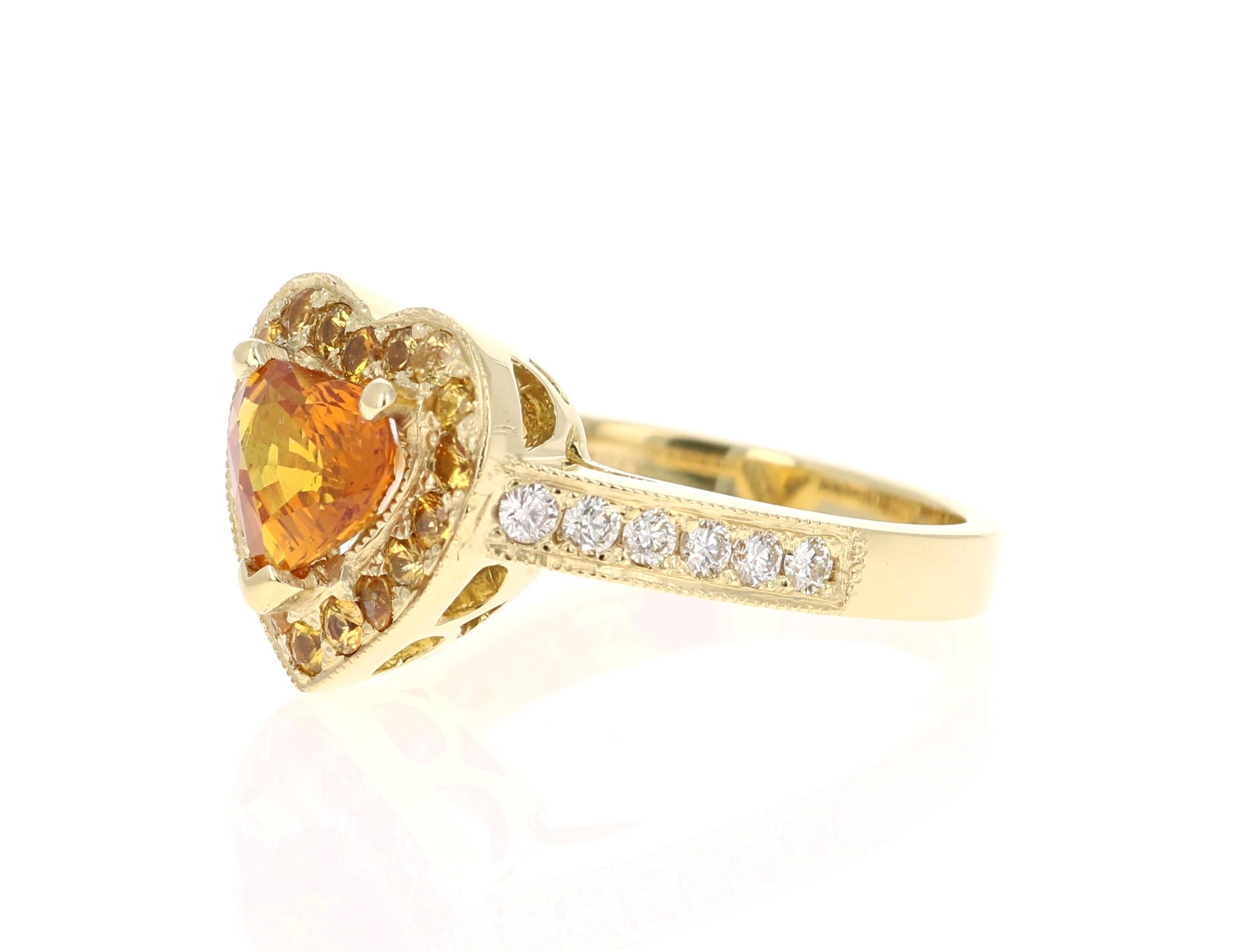 Heart Cut 2.68 Carat Orange Sapphire Diamond Engagement Yellow Gold Ring For Sale