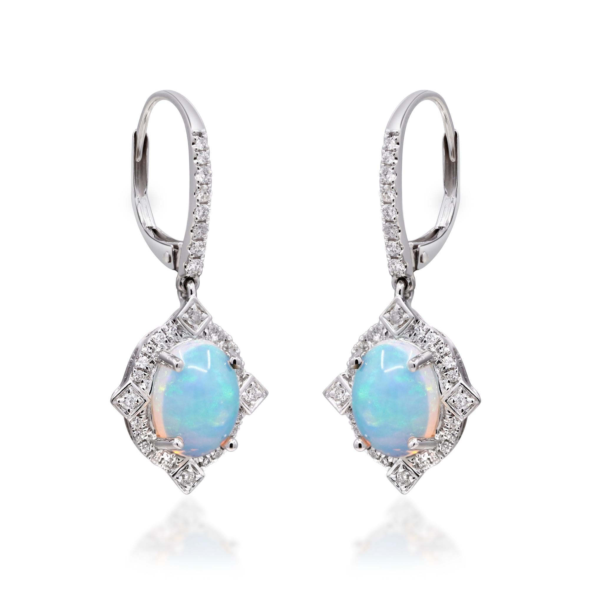 Decorate yourself in elegance with this Earring is crafted from 10-karat White Gold by Gin & Grace Earring. This Earring is made up of 9x7 mm Oval - Cab (2pcs) 2.68 carat Ethiopian Opal and Round-cut White Diamond (64 Pcs) 0.36 Carat. This Earring