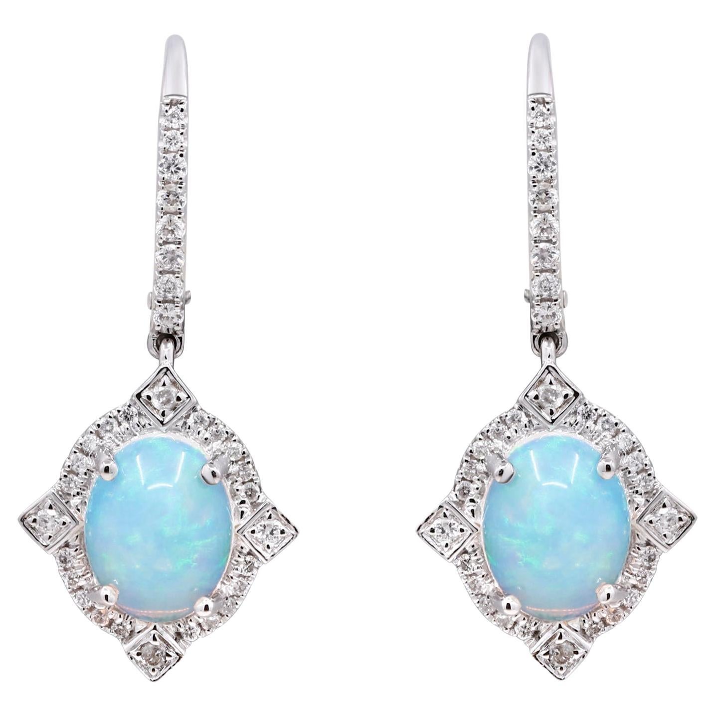 2.68 Carat Oval Cab Ethiopian Opal with Diamond Accents 10K White Gold Earring For Sale