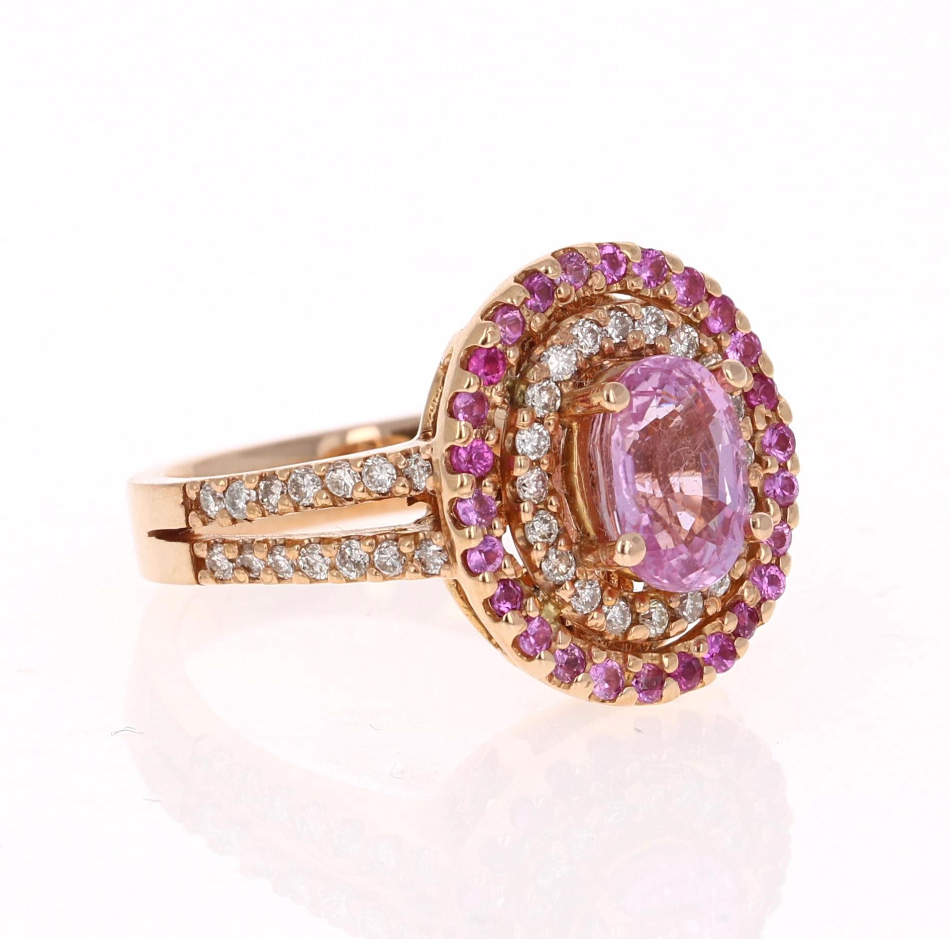 Contemporary 2.68 Carat Pink Sapphire Diamond 14 Karat Rose Gold Ring For Sale