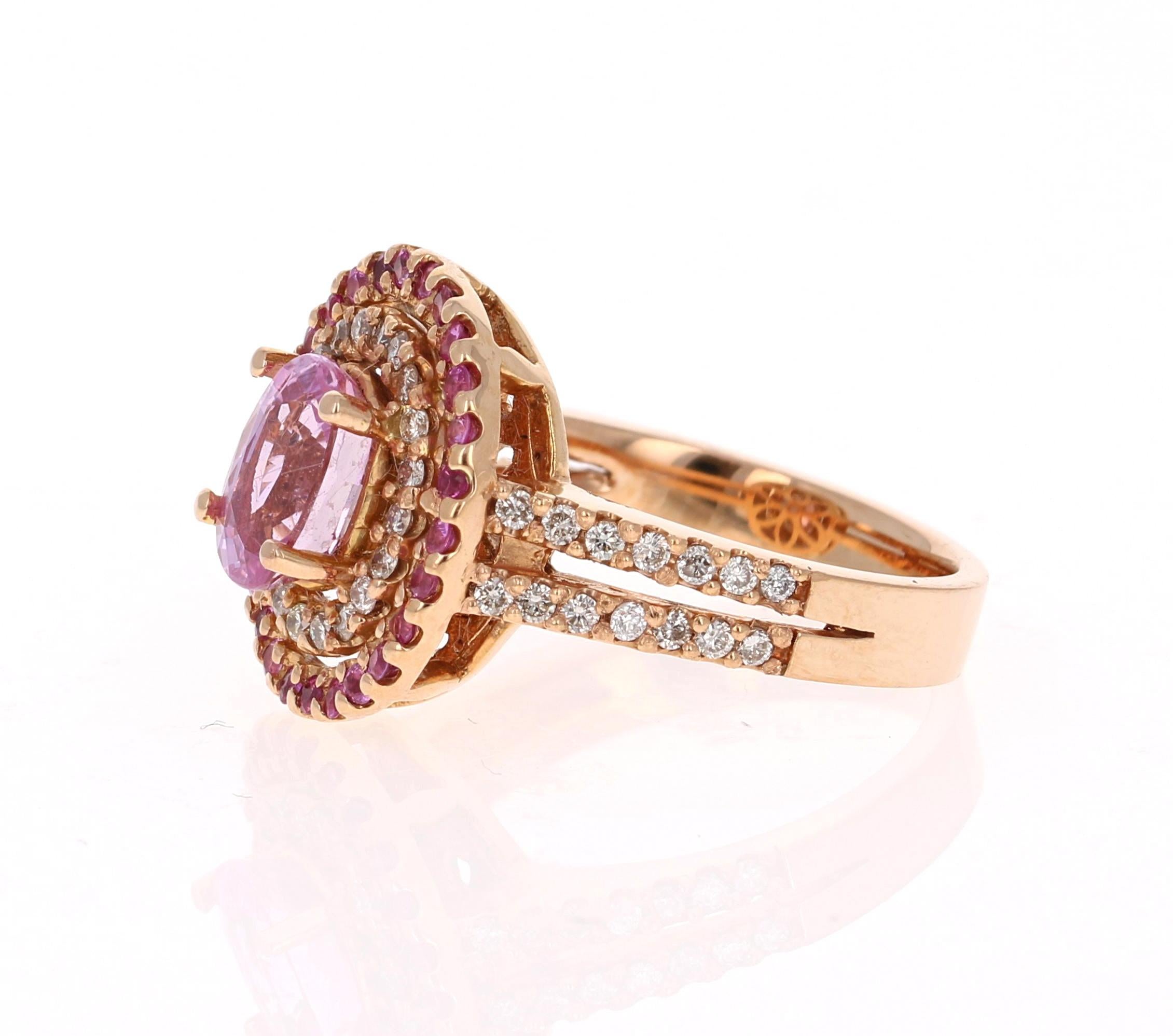 Oval Cut 2.68 Carat Pink Sapphire Diamond 14 Karat Rose Gold Ring For Sale