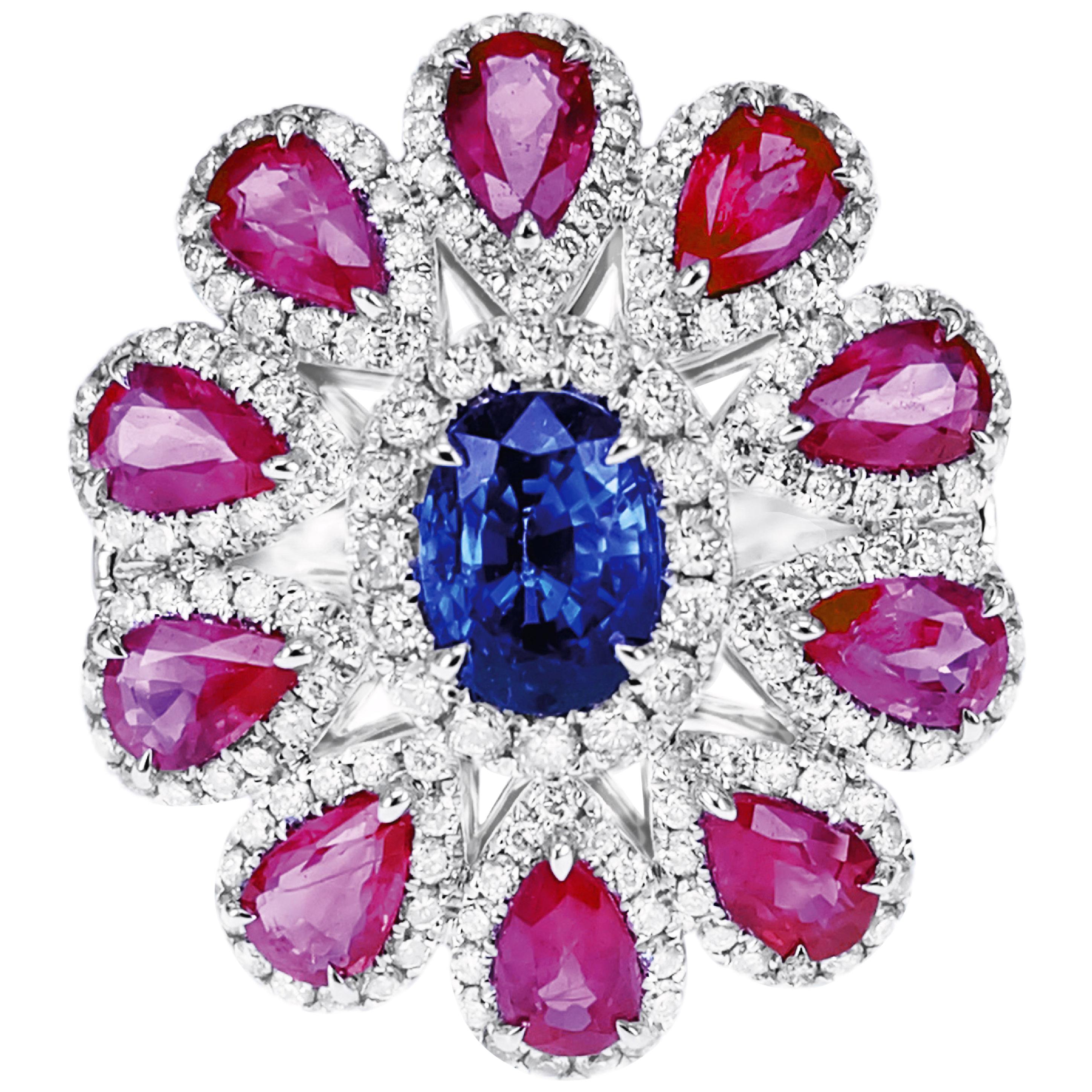 2.68 Carat Red Hot Ruby 1.21 Carat Blue Soothing Sapphire Cocktail Ring For Sale