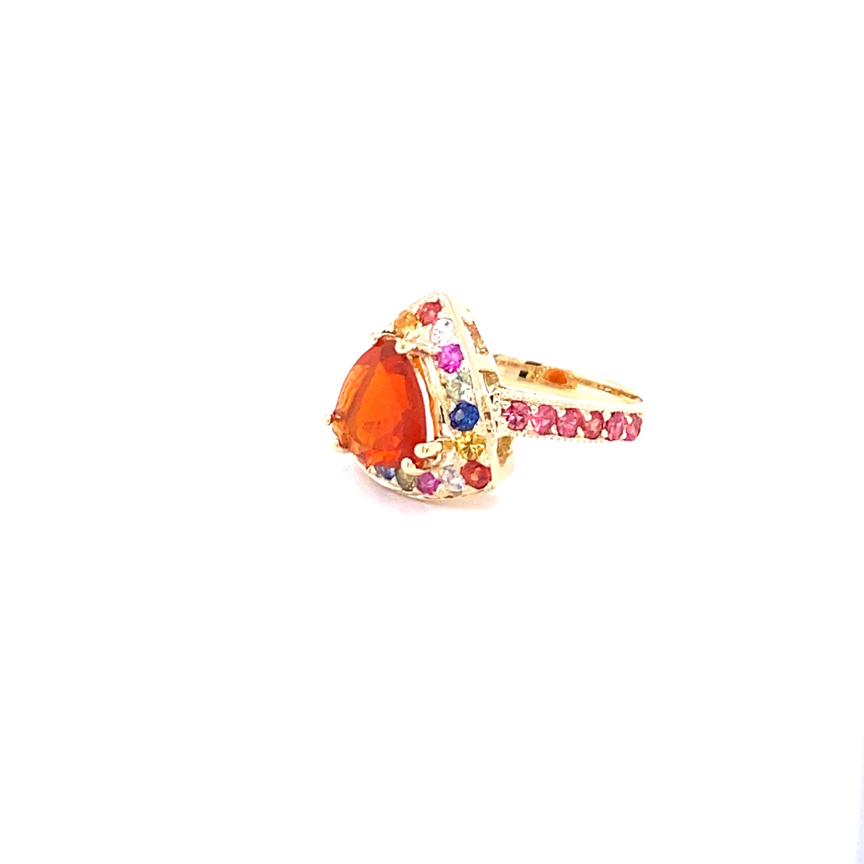 2.68 Carat Trillion Cut Fire Opal Sapphire 14 Karat Yellow Gold Ring In New Condition In Los Angeles, CA