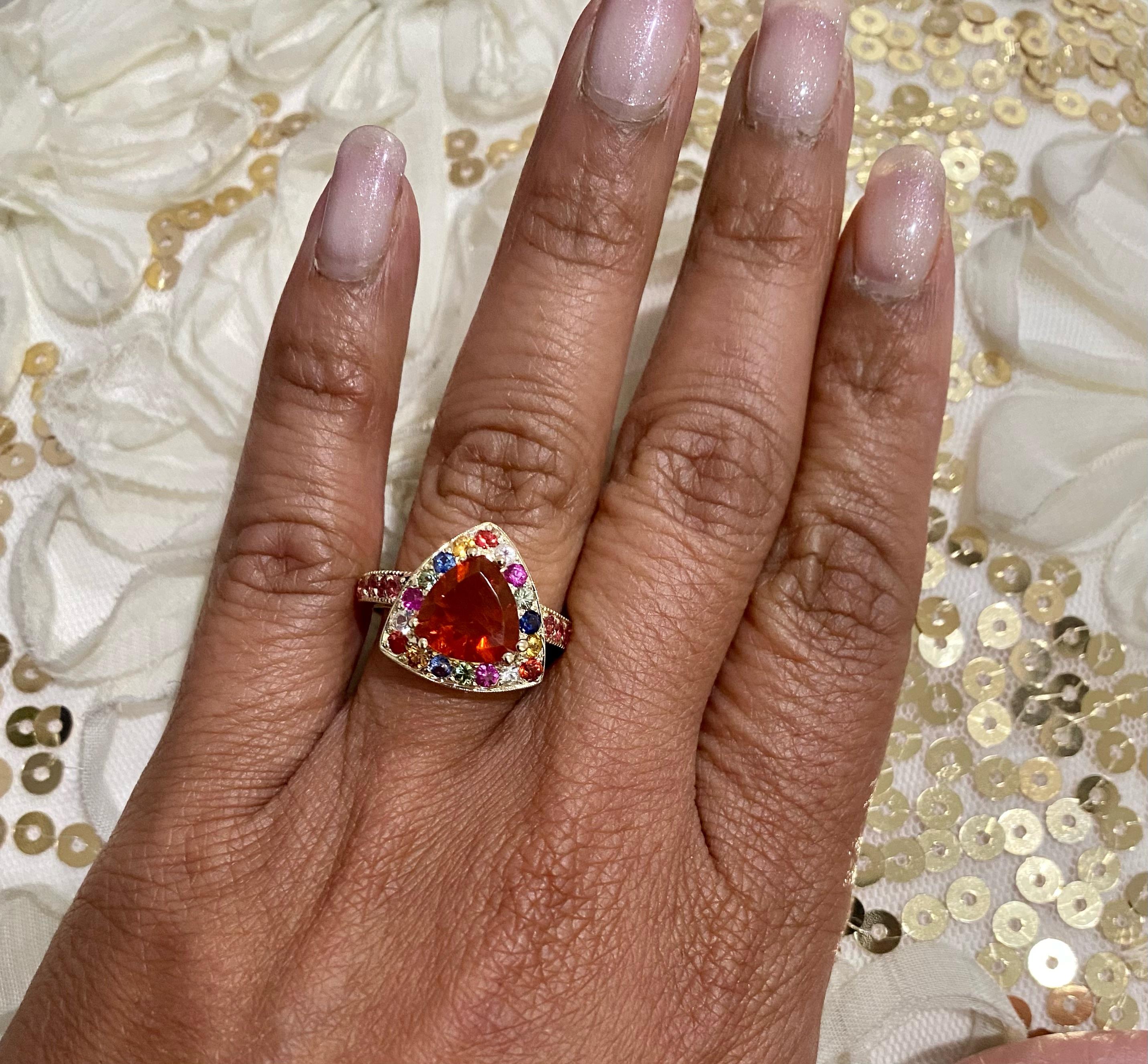 Women's 2.68 Carat Trillion Cut Fire Opal Sapphire 14 Karat Yellow Gold Ring
