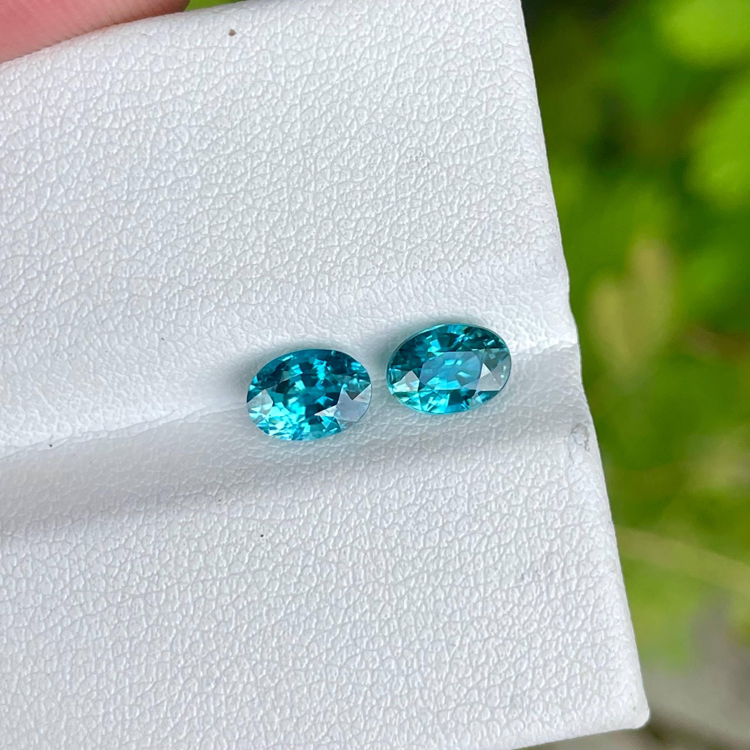 Modern 2.68 Carats Blue Loose Zircon Stone Pair Oval Cut Natural Cambodian Gemstone For Sale