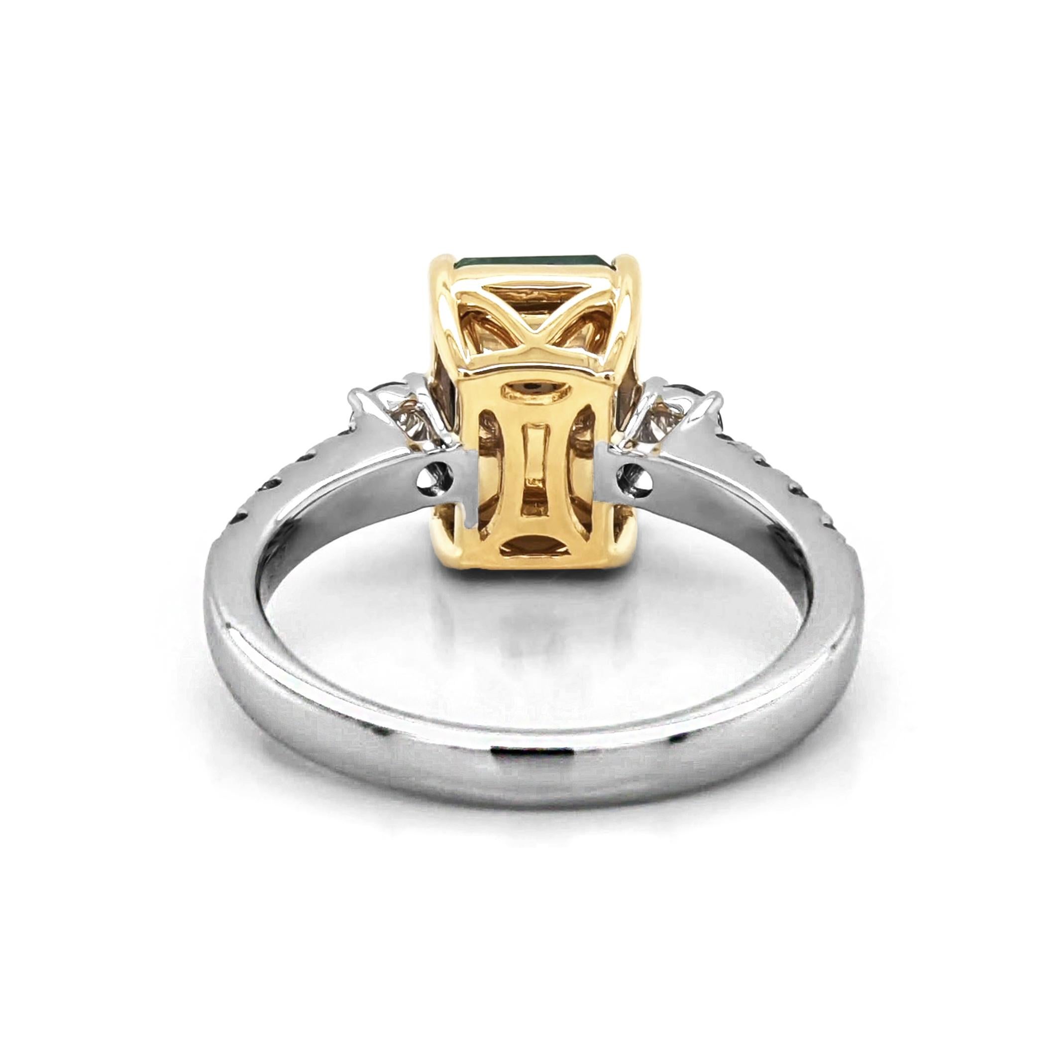 Emerald Cut 2.68 Carats Emerald and White Diamond White and Yellow Gold Ring For Sale