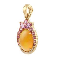 2.68 Carats Ethiopian Opal Pink Sapphire Diamond 14 Karat Gold Pendant Necklace