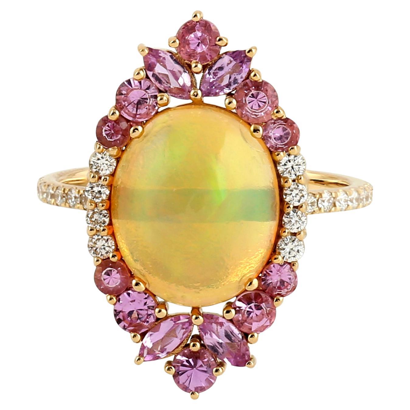 Modern 2.68 Carats Ethiopian Opal Pink Sapphire Diamond 14 Karat Gold Pendant Necklace For Sale